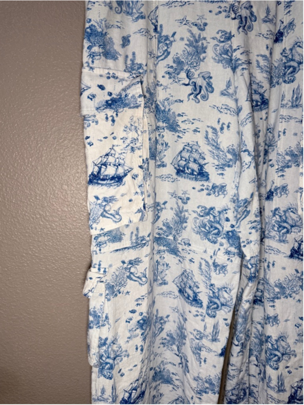 Avec Les Filles linen blend White Blue Toile Print Wide Leg Cargo Pants M - Picture 3 of 8